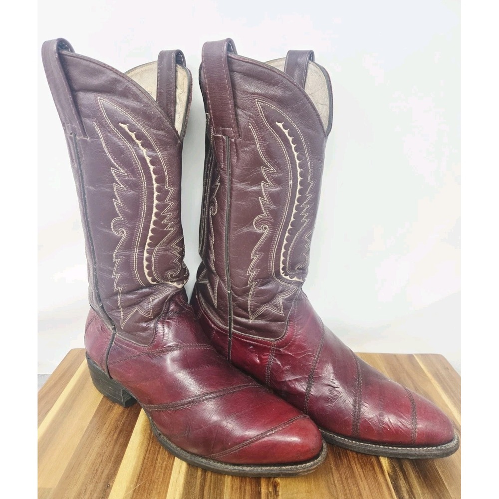 Villano Burgundy Blood Red Eel Skin Western Cowboy Boots‎ Mens Size 7.5 VINTAGE